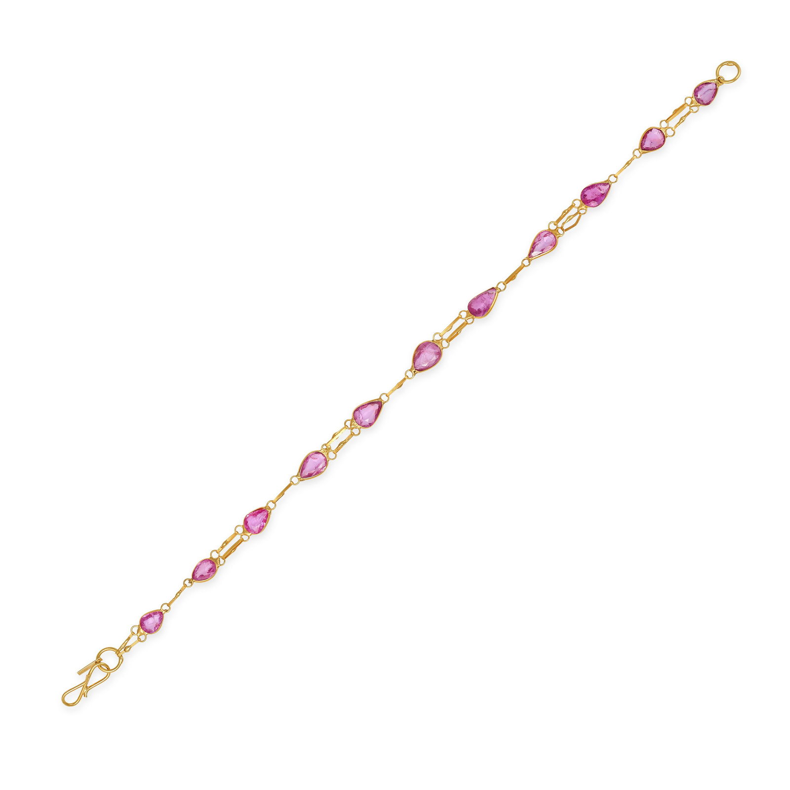 A PINK SAPPHIRE BRACELET in yellow gold, set with a row of pear cut pink sapphires, no assay marks, (1 of 1)