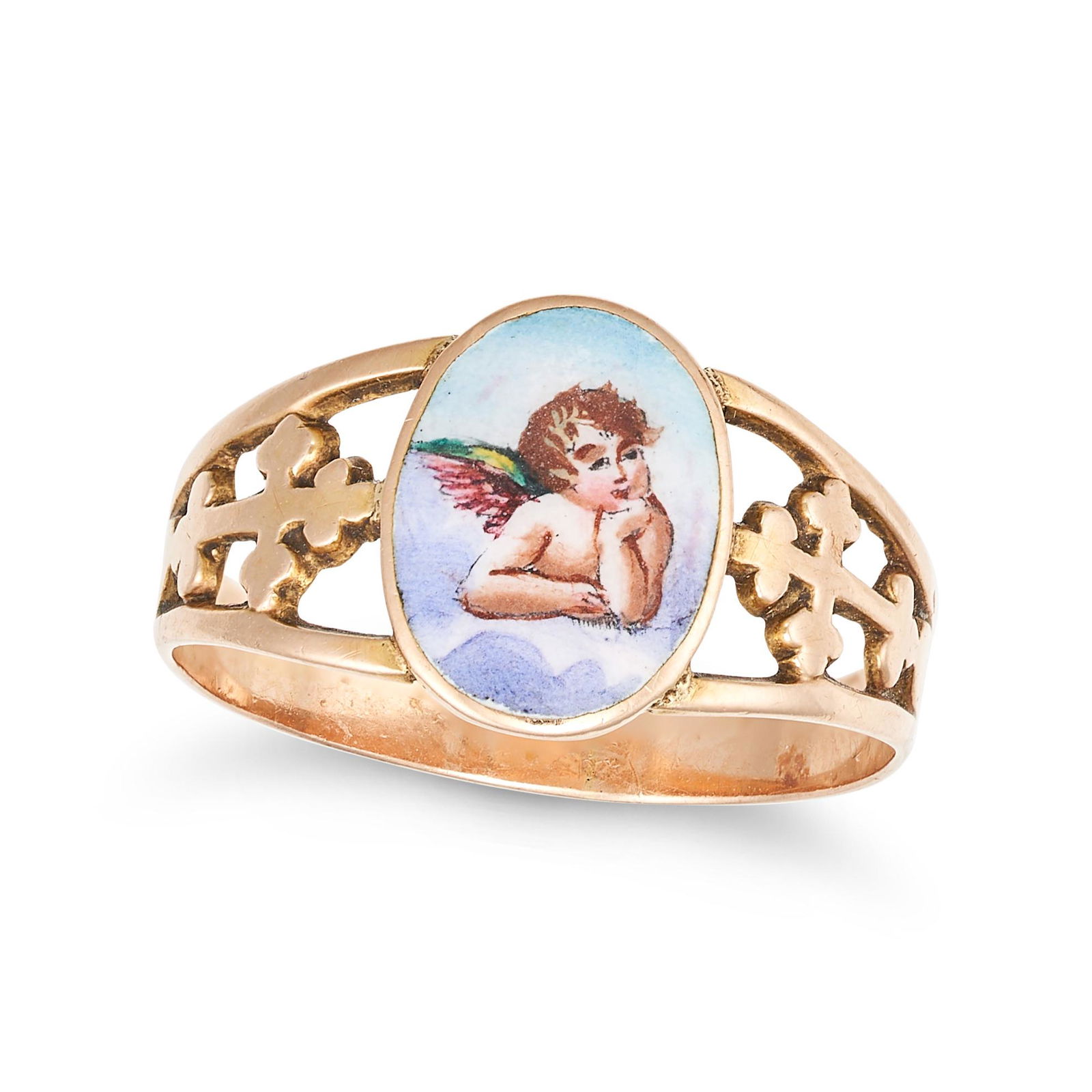 AN ANTIQUE ENAMEL CHERUB RING in yellow gold, decorated with an enamel painting of one of the putti (1 of 2)