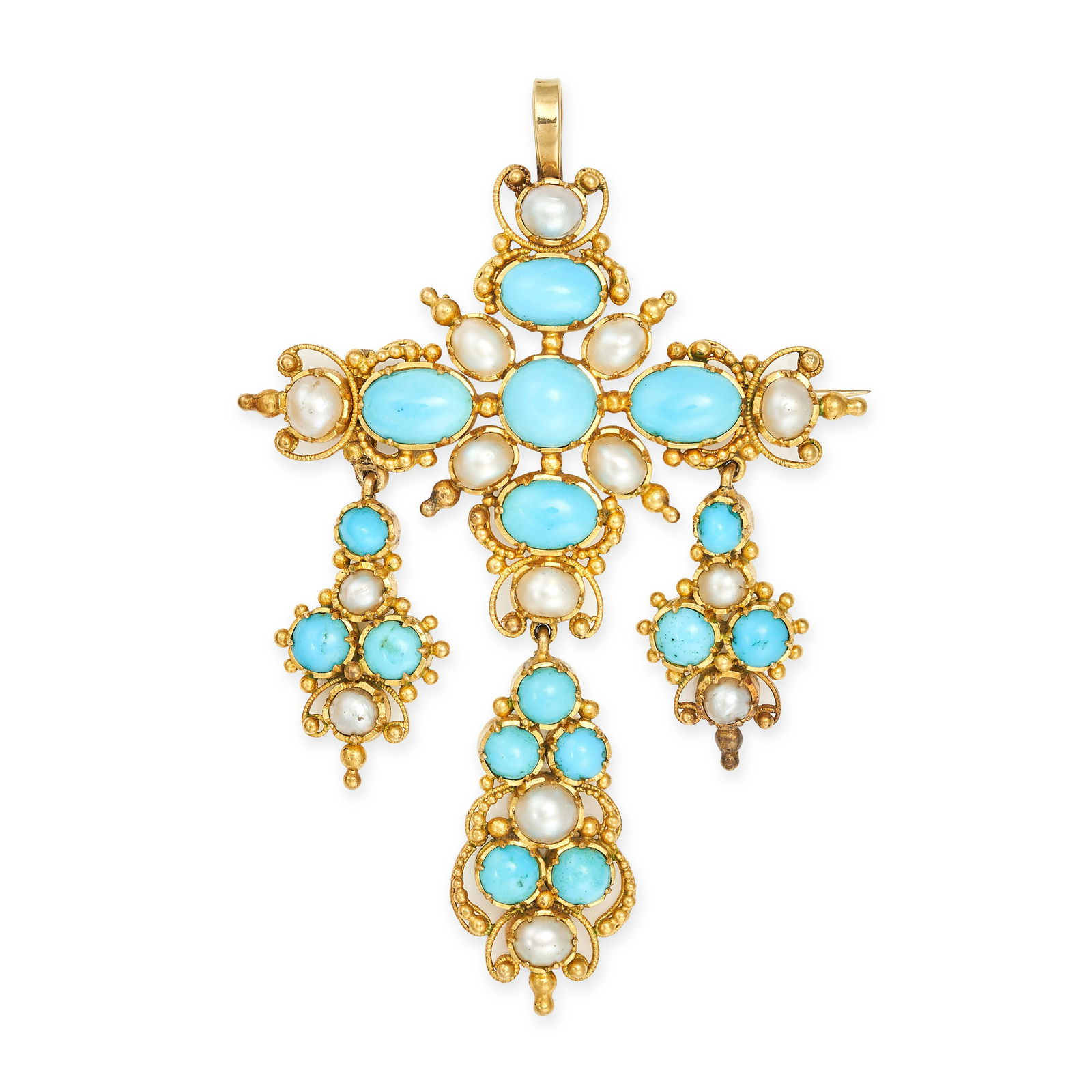AN ANTIQUE TURQUOISE AND PEARL BROOCH / PENDANT in yellow gold, designed as a cross set with (1 of 2)