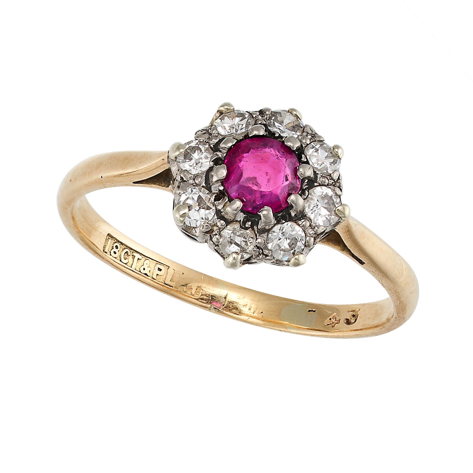 NO RESERVE - A VINTAGE RUBY AND DIAMOND RING in 18ct yellow gold and platinum, set with a round cut (1 of 1)