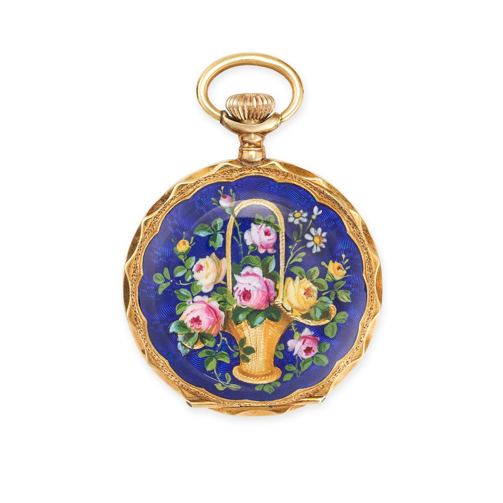 AN ANTIQUE ENAMEL POCKET WATCH in 18ct yellow gold, the circular watch depicting a flower basket: AN ANTIQUE ENAMEL POCKET WATCH in 18ct yellow gold, the circular watch depicting a flower basket decorated with gold, green, yellow, pink and white enamel on a blue enamel background, the circular whi