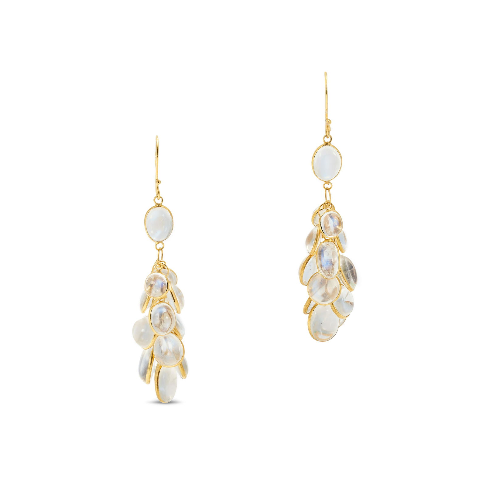 A PAIR OF MOONSTONE CLUSTER DROP EARRINGS in yellow gold, set with oval cabochon moonstones, no (1 of 2)