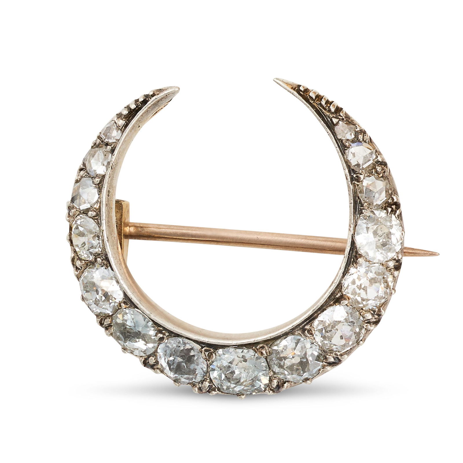 AN ANTIQUE DIAMOND CRESCENT MOON BROOCH in yellow gold and silver, set with graduating old mine a... (1 of 1)