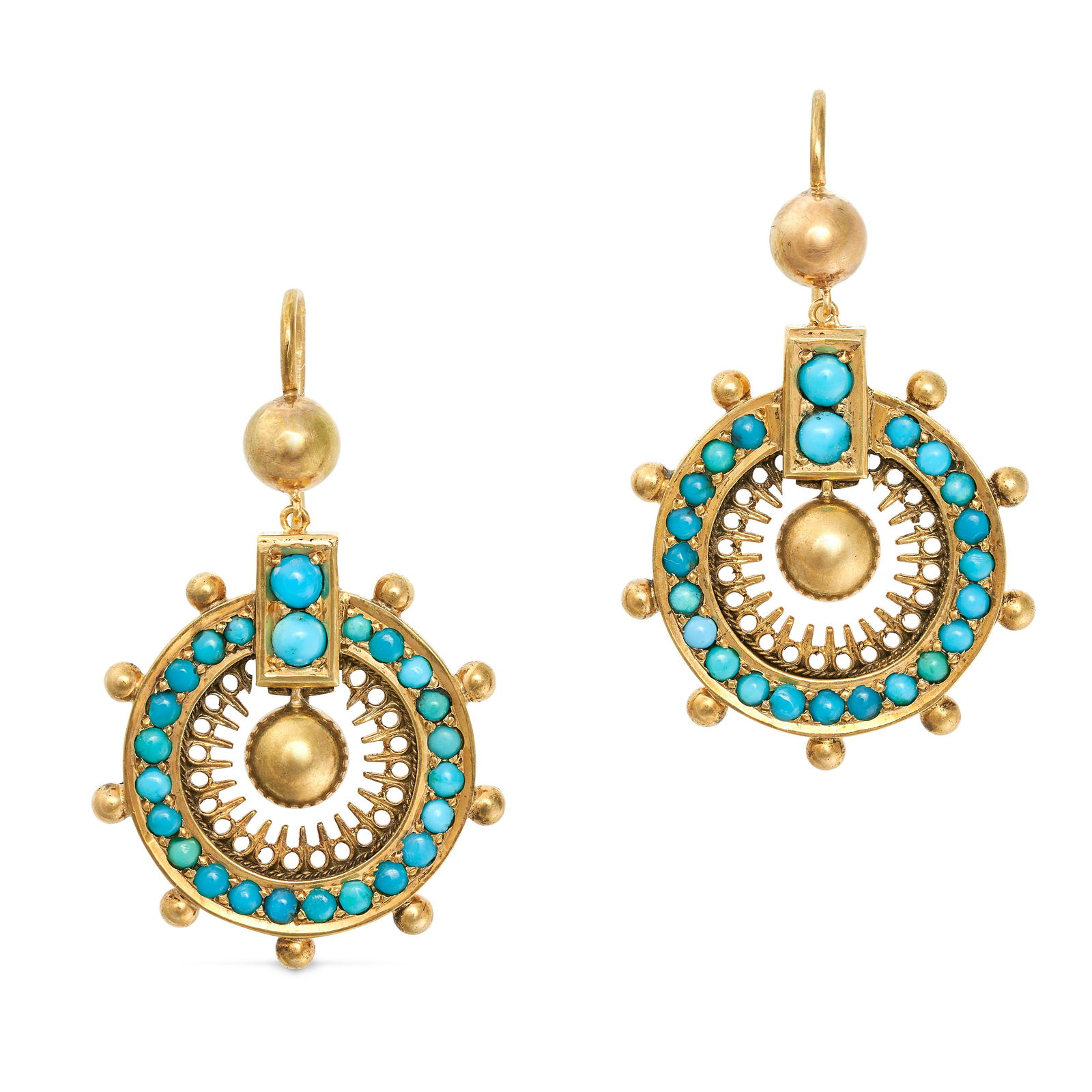 A PAIR OF ANTIQUE TURQUOISE DROP EARRINGS in yellow gold, each comprising a hoop set with a row o... (1 of 1)