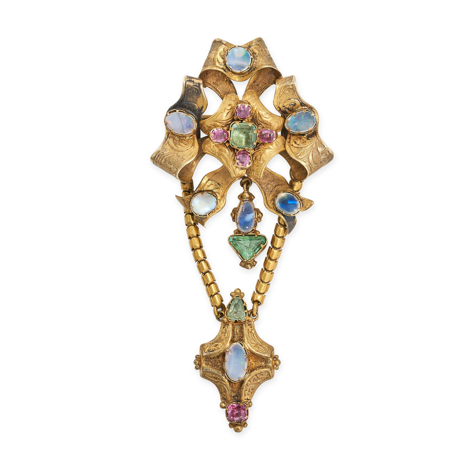 AN ANTIQUE OPAL, EMERALD AND RUBY BROOCH designed as a bow set with a square step cut emerald in ... (1 of 1)