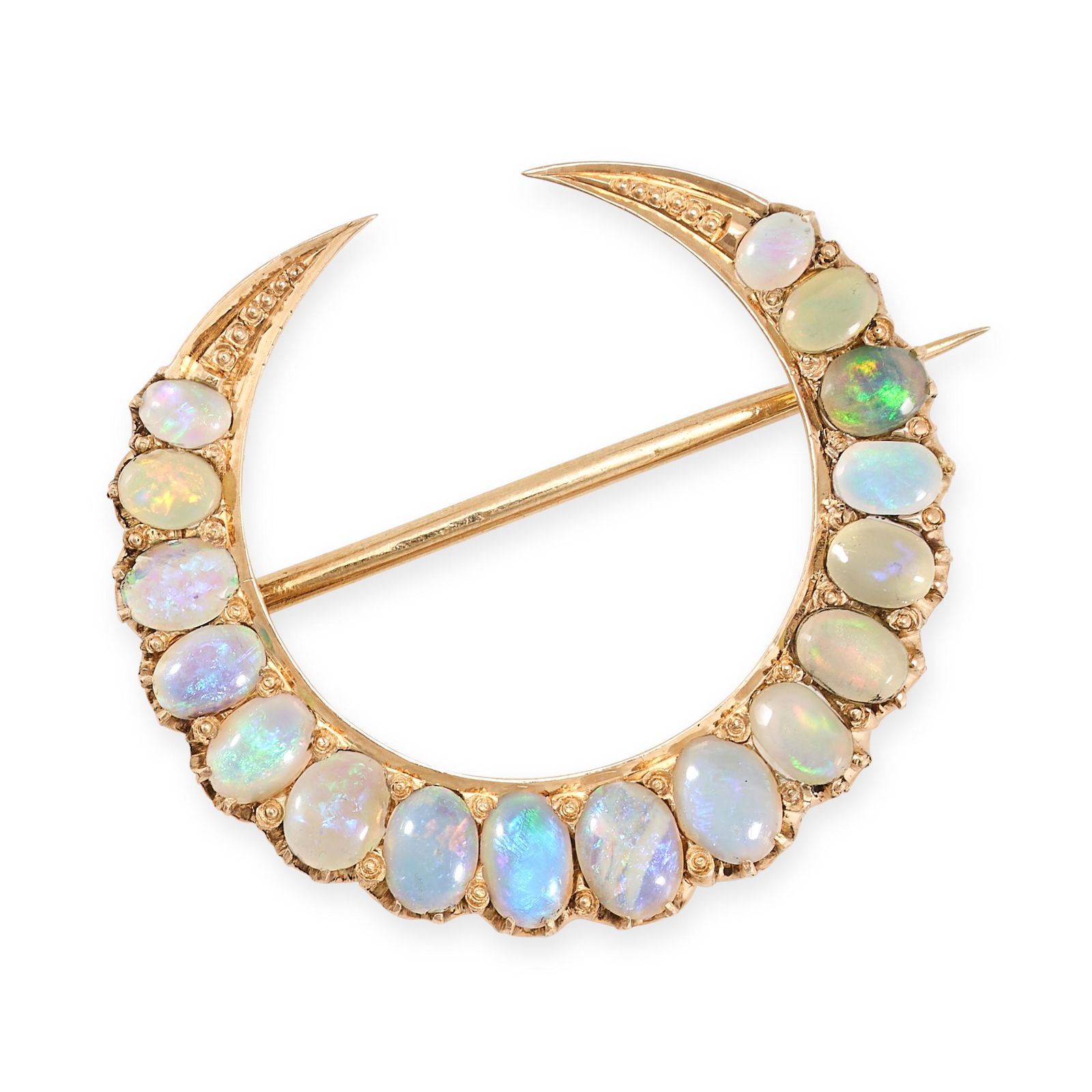 AN ANTIQUE OPAL CRESCENT MOON BROOCH in yellow gold, designed as a crescent moon set with a row o... (1 of 1)