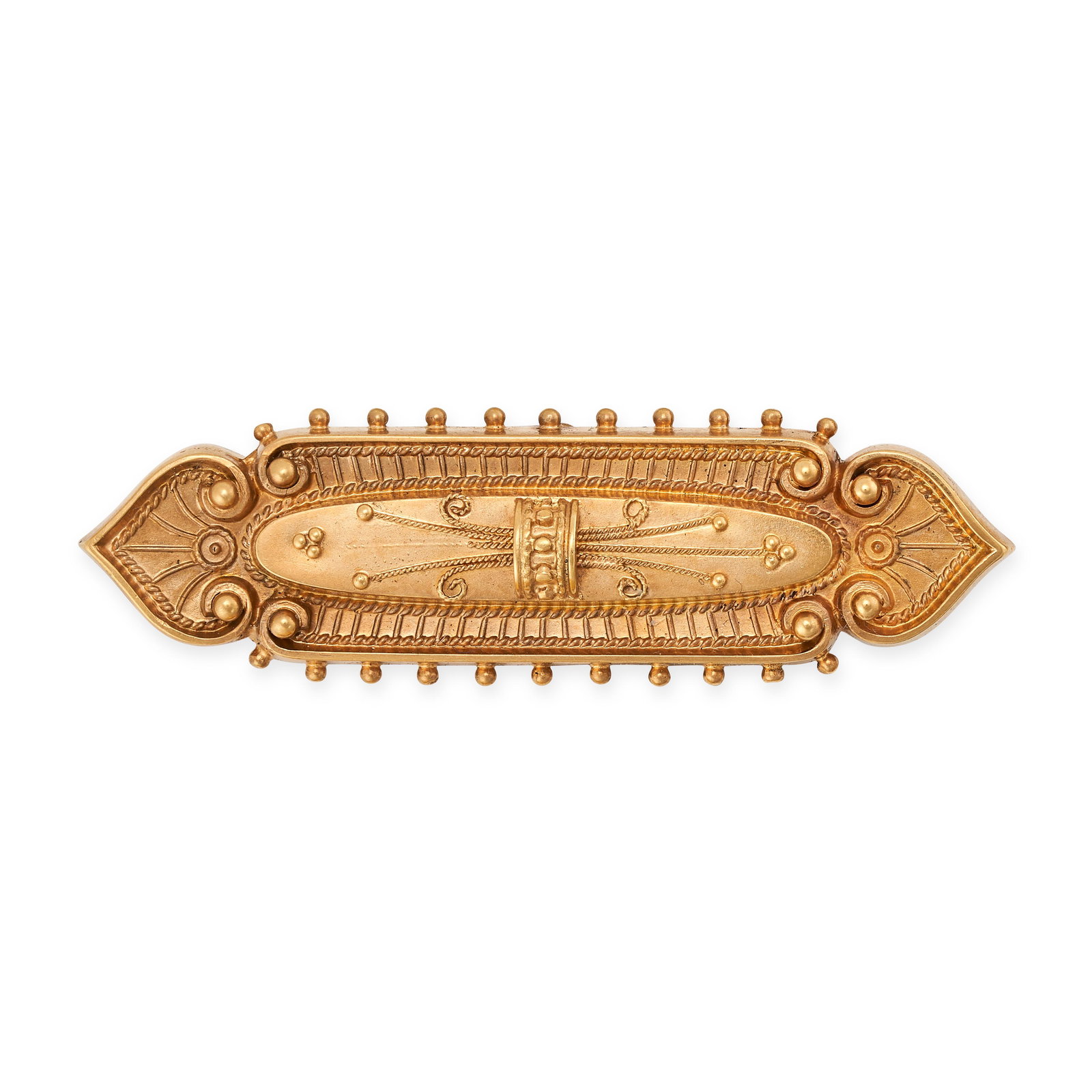AN ANTIQUE GOLD BROOCH in yellow gold, in the Etruscan revival manner, accented by beaded and twi...: AN ANTIQUE GOLD BROOCH in yellow gold, in the Etruscan revival manner, accented by beaded and twisted wirework, with a glass covered locket compartment to the reverse, no assay marks, 4.8cm, 5.5g.&nbs