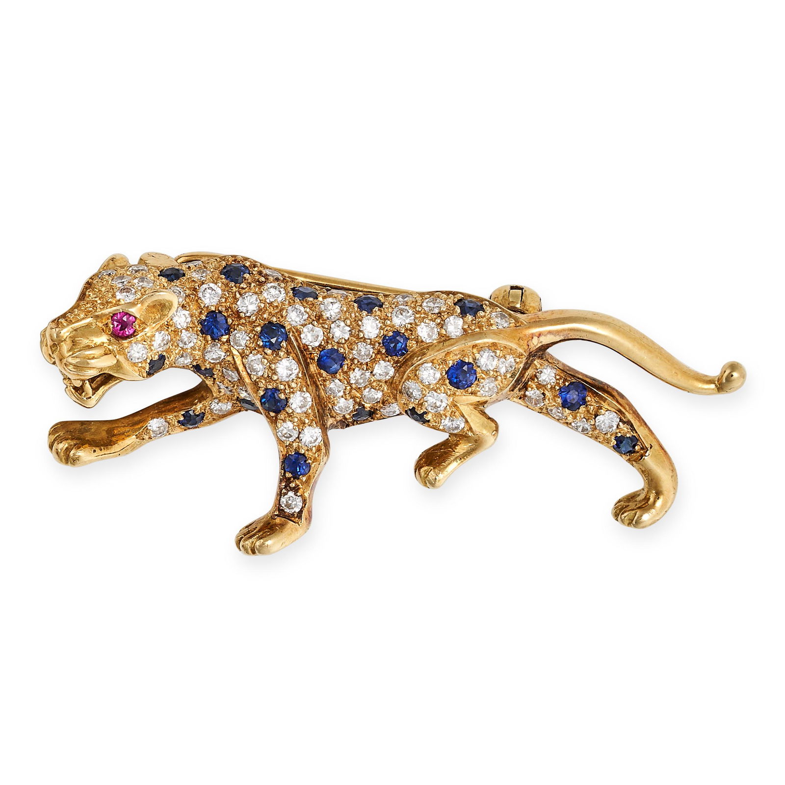 A SAPPHIRE, DIAMOND AND RUBY LEOPARD BROOCH in 18ct yellow gold, designed as a leopard set with r...: A SAPPHIRE, DIAMOND AND RUBY LEOPARD BROOCH in 18ct yellow gold, designed as a leopard set with round cut sapphires and round brilliant cut diamonds, a round cut ruby set to the eye, stamped 750, 3.9c