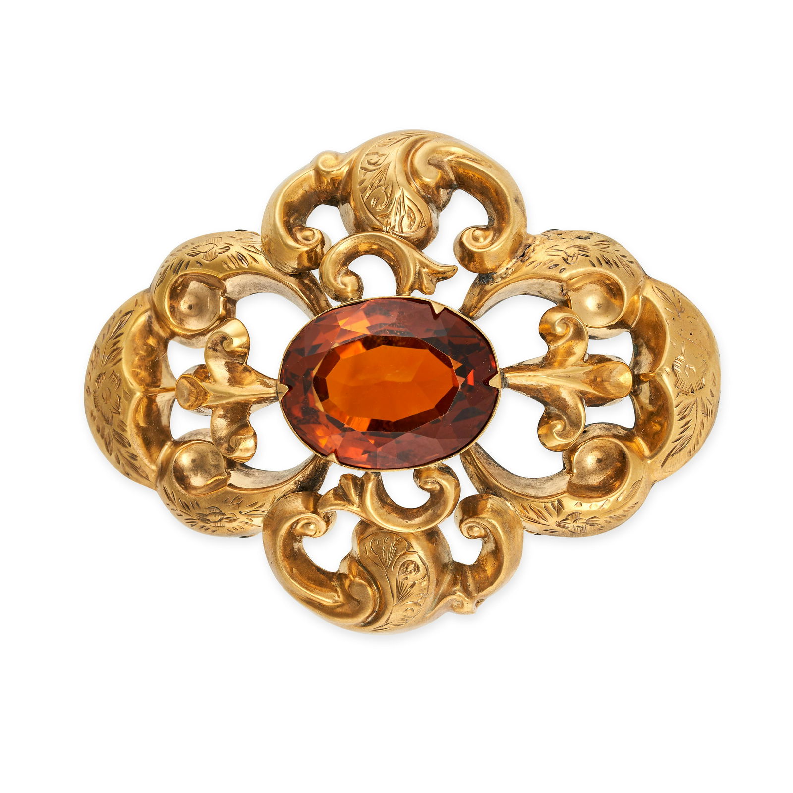 AN ANTIQUE VICTORIAN CITRINE BROOCH set with an oval cut citrine in an openwork scrolling border,... (1 of 1)