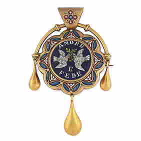 AN ANTIQUE MICROMOSAIC BROOCH / PENDANT in yellow gold, the circular face with polished hardstone... (1 of 1)