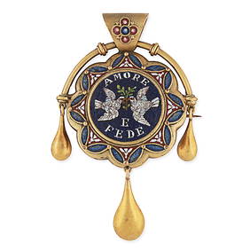 AN ANTIQUE MICROMOSAIC BROOCH / PENDANT in yellow gold, the circular face with polished hardstone... (1 of 1)