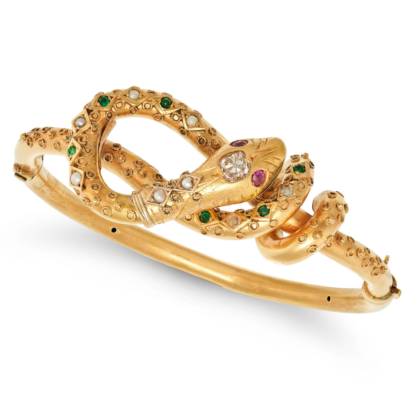 AN ANTIQUE VICTORIAN DIAMOND, RUBY, PEARL AND EMERALD SNAKE BANGLE in 18ct yellow gold, the bangle (1 of 1)