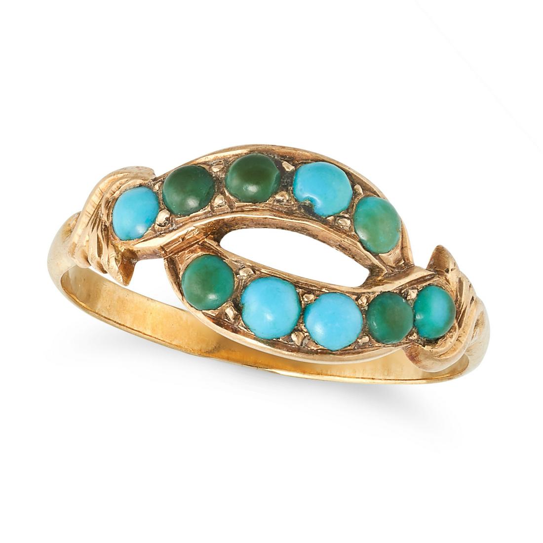 AN ANTIQUE TURQUOISE RING in yellow gold, set with round cabochon turquoise, no assay marks, size K (1 of 2)