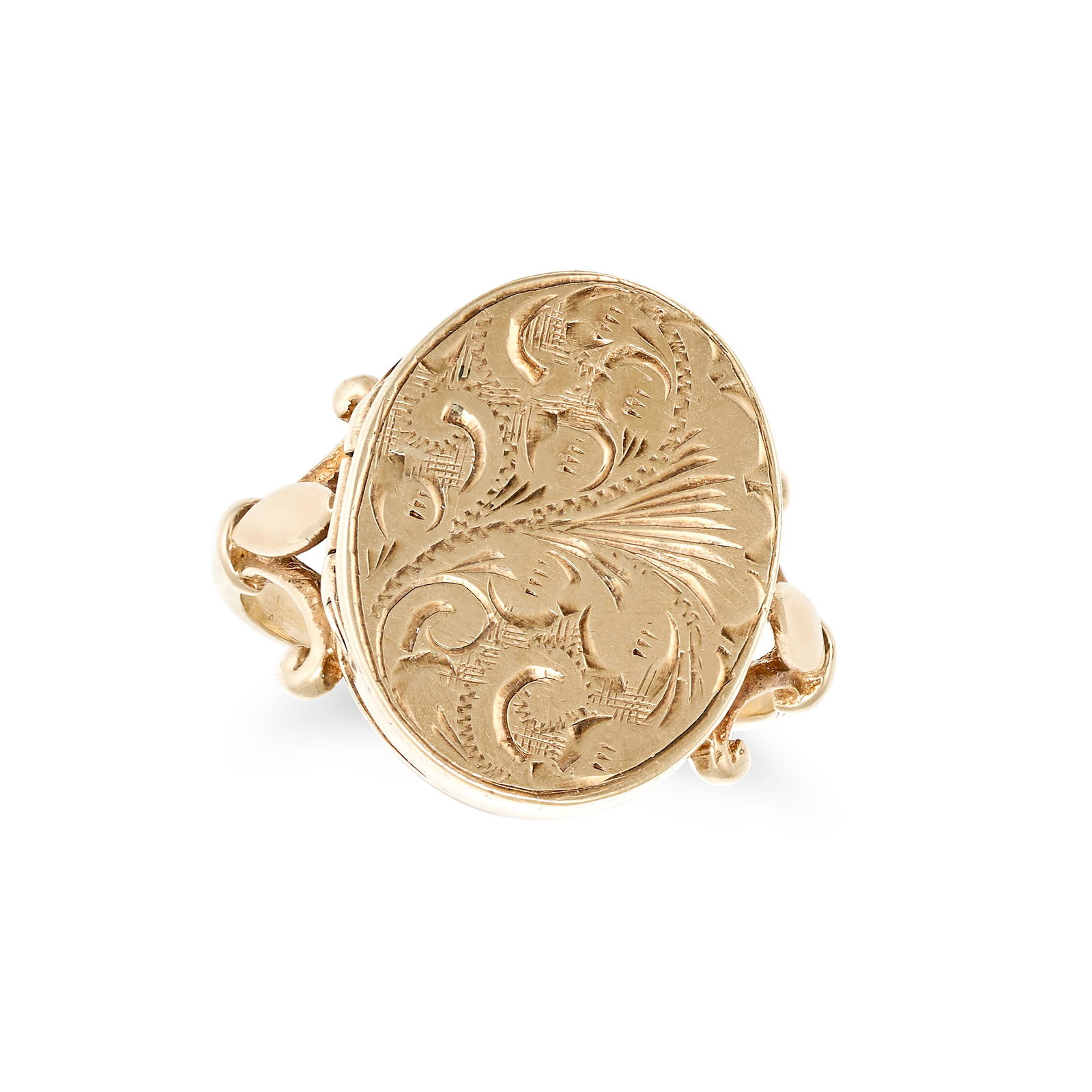 A POISON RING in yellow gold, the hinged lid engraved with a scrolling design and opening to reveal (1 of 3)