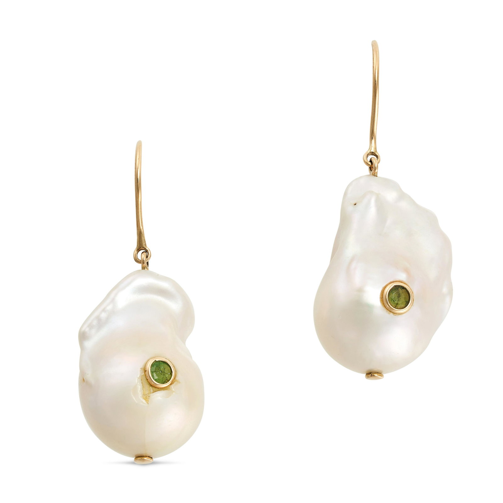 NO RESERVE - A PAIR OF BAROQUE PEARL AND EMERALD EARRINGS in yellow gold, each suspending a baroque: NO RESERVE - A PAIR OF BAROQUE PEARL AND EMERALD EARRINGS in yellow gold, each suspending a baroque pearl set with round cut emeralds, no assay marks, 3.4cm, 9.6g. 