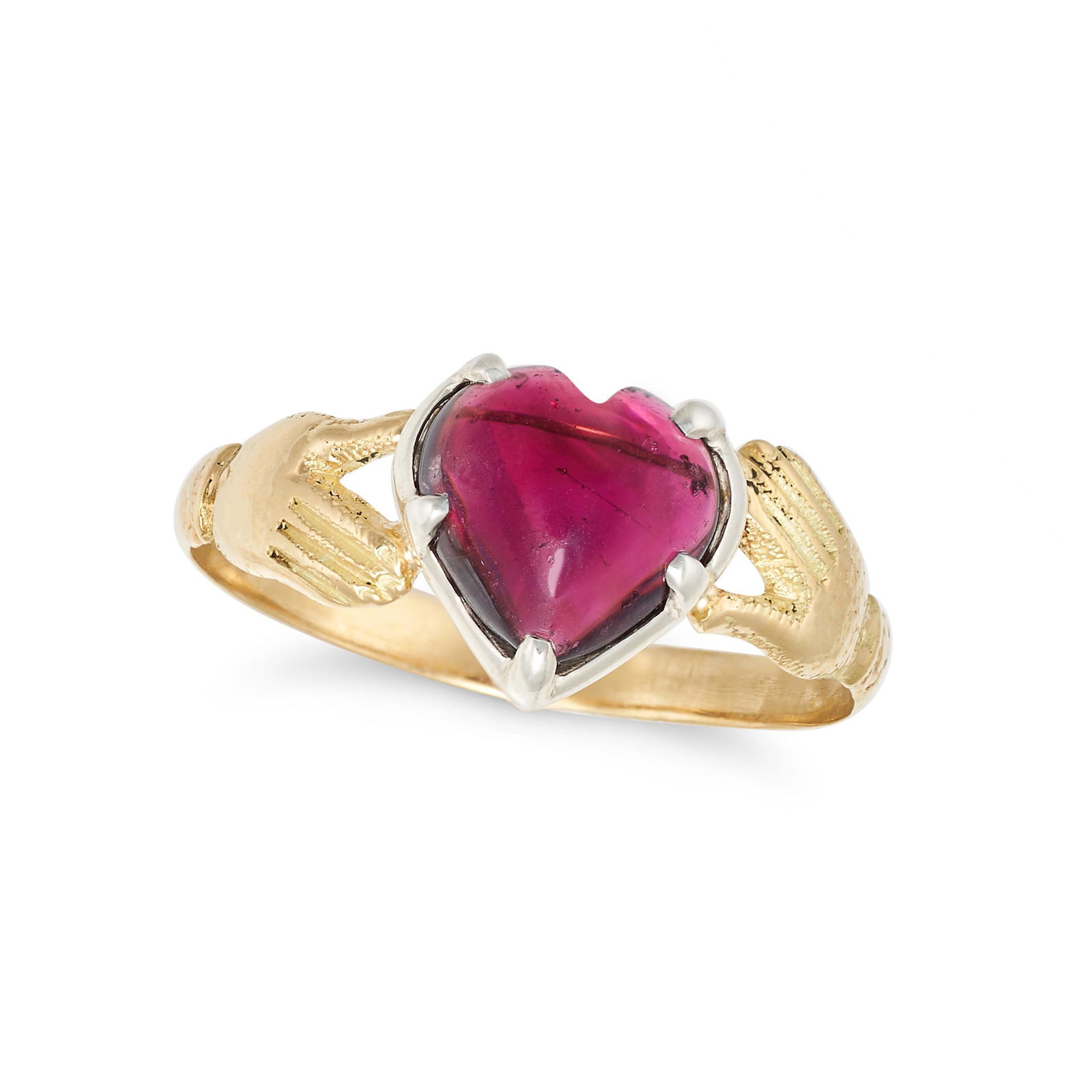 A GARNET FEDE RING in yellow gold, set with a heart shaped cabochon garnet between two stylised (1 of 2)