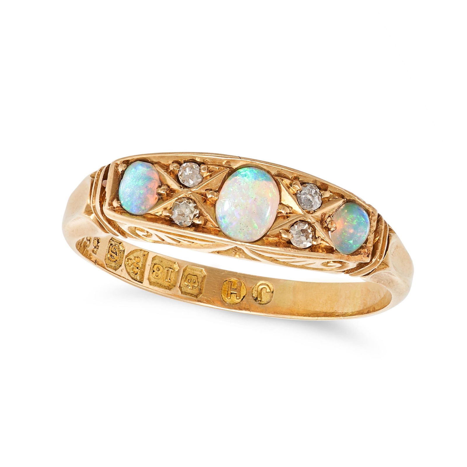 AN ANTIQUE EDWARDIAN OPAL AND DIAMOND RING in 18ct yellow gold, set with three cabochon opals (1 of 2)
