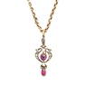 AN ANTIQUE RUBY, DIAMOND AND PEARL PENDANT NECKLACE in yellow gold and silver, the scrolling pendant