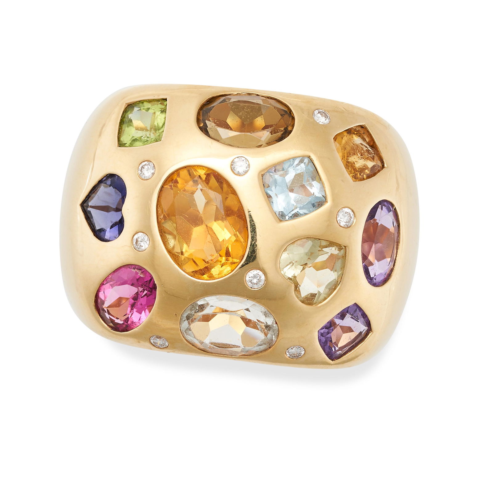 A MULTIGEM DRESS RING in yellow gold, set with variously cut amethyst, citrine, pink tourmaline, (1 of 2)