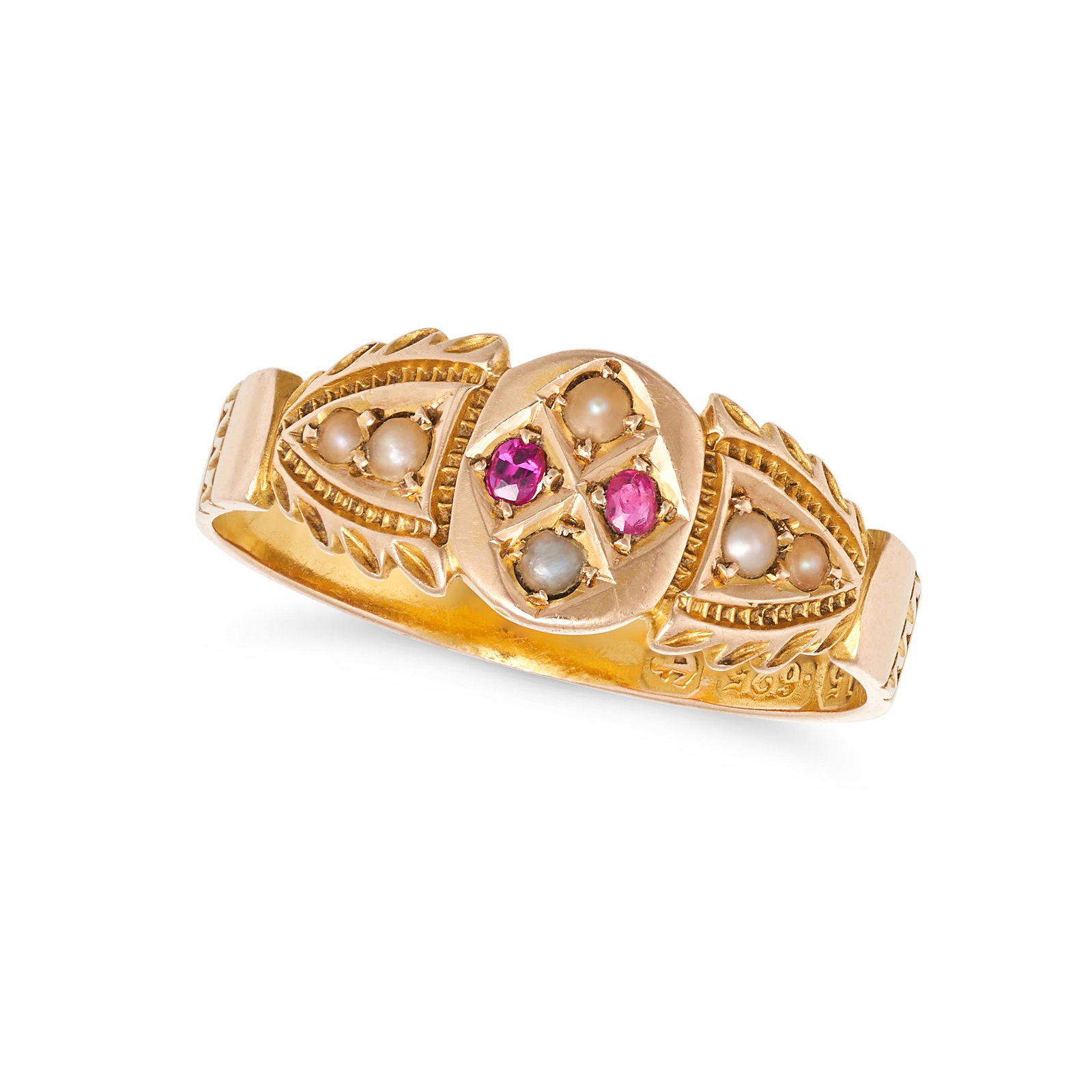 AN ANTIQUE RUBY AND PEARL RING in 15ct yellow gold, set with round cut rubies and seed pearls, (1 of 2)