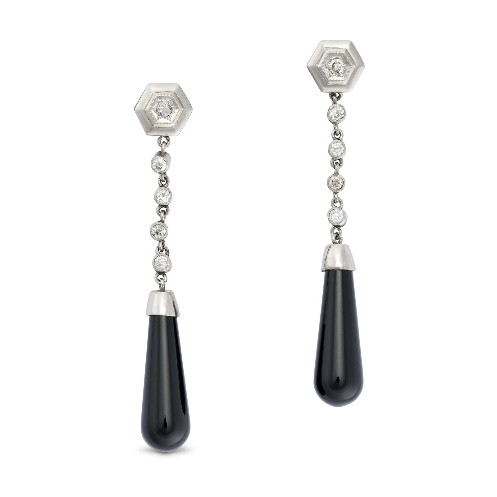 A PAIR OF VINTAGE ONYX AND DIAMOND DROP EARRINGS each comprising a row of old European cut diamonds (1 of 1)