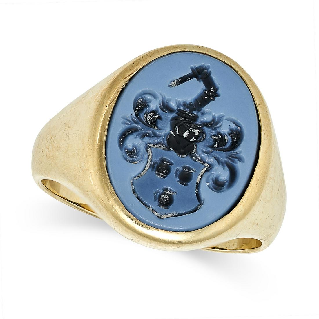AN AGATE INTAGLIO SEAL SIGNET RING in 18ct yellow gold, set with an piece of agate carved to depict (1 of 1)