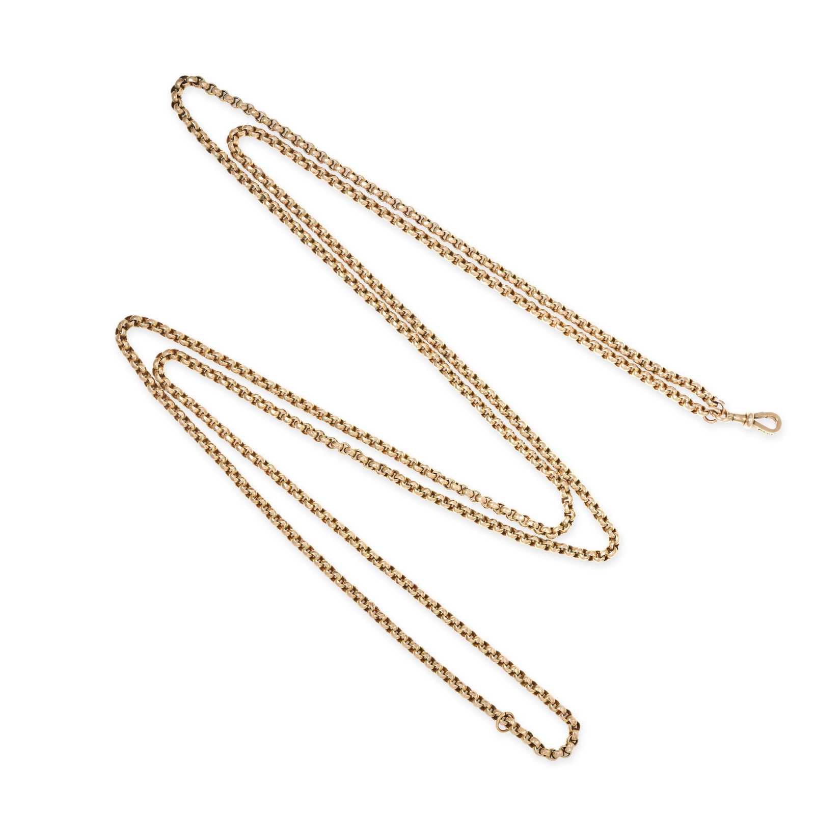 AN ANTIQUE GUARD CHAIN NECKLACE in 9ct yellow gold, comprising a row of faceted links terminating in (1 of 2)