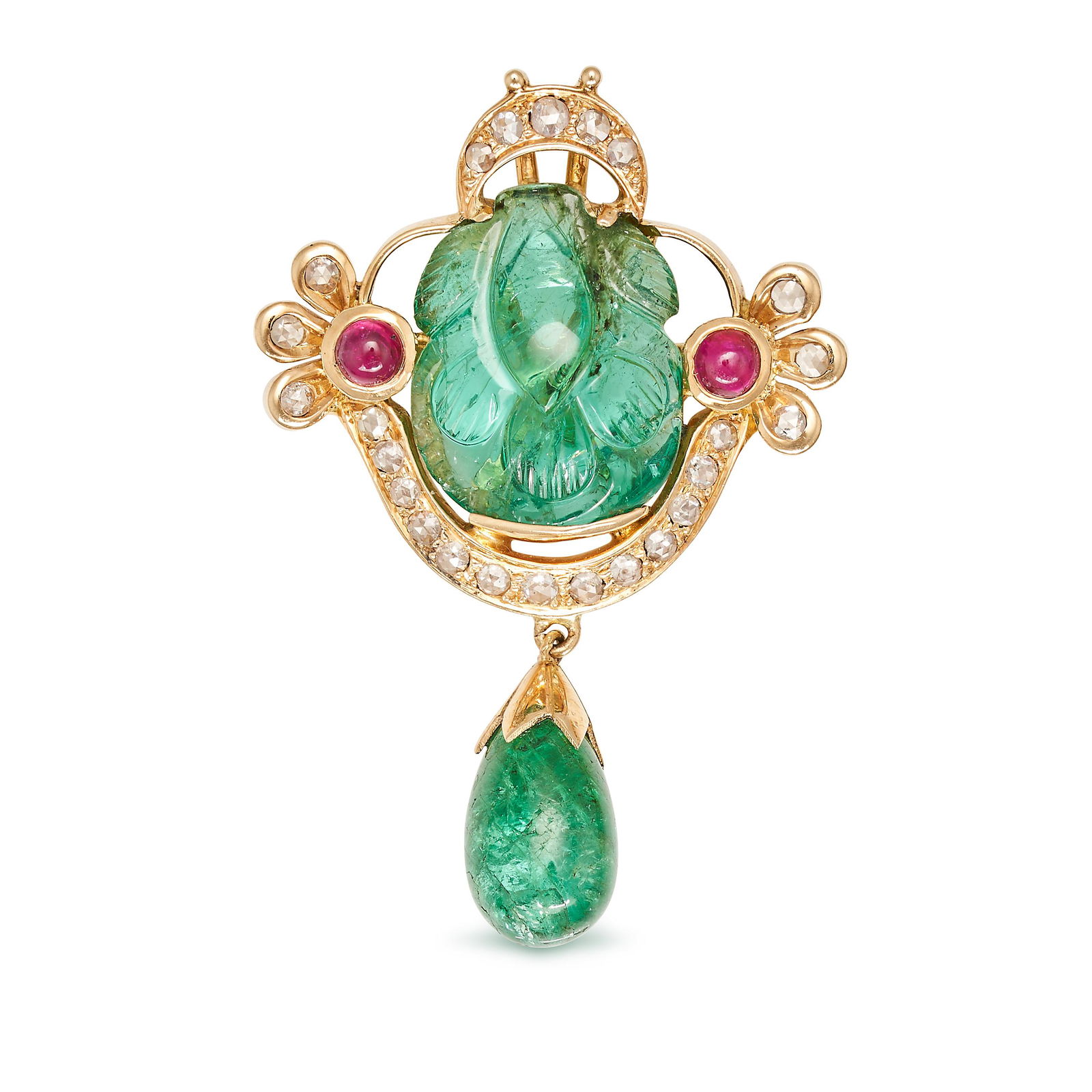 AN EMERALD, RUBY, AND DIAMOND PENDANT in yellow gold, set with a Mughal carved emerald flanked by: AN EMERALD, RUBY, AND DIAMOND PENDANT in yellow gold, set with a Mughal carved emerald flanked by two cabochon cut rubies in a border of rose cut diamonds, suspending a pear shaped cabochon cut emeral
