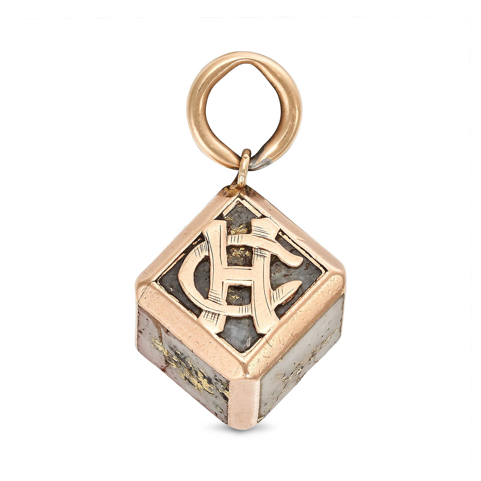 AN ANTIQUE GOLD RUSH PENDANT in rose gold, set with a cube of gold ore rich quartz, with an applied (1 of 1)