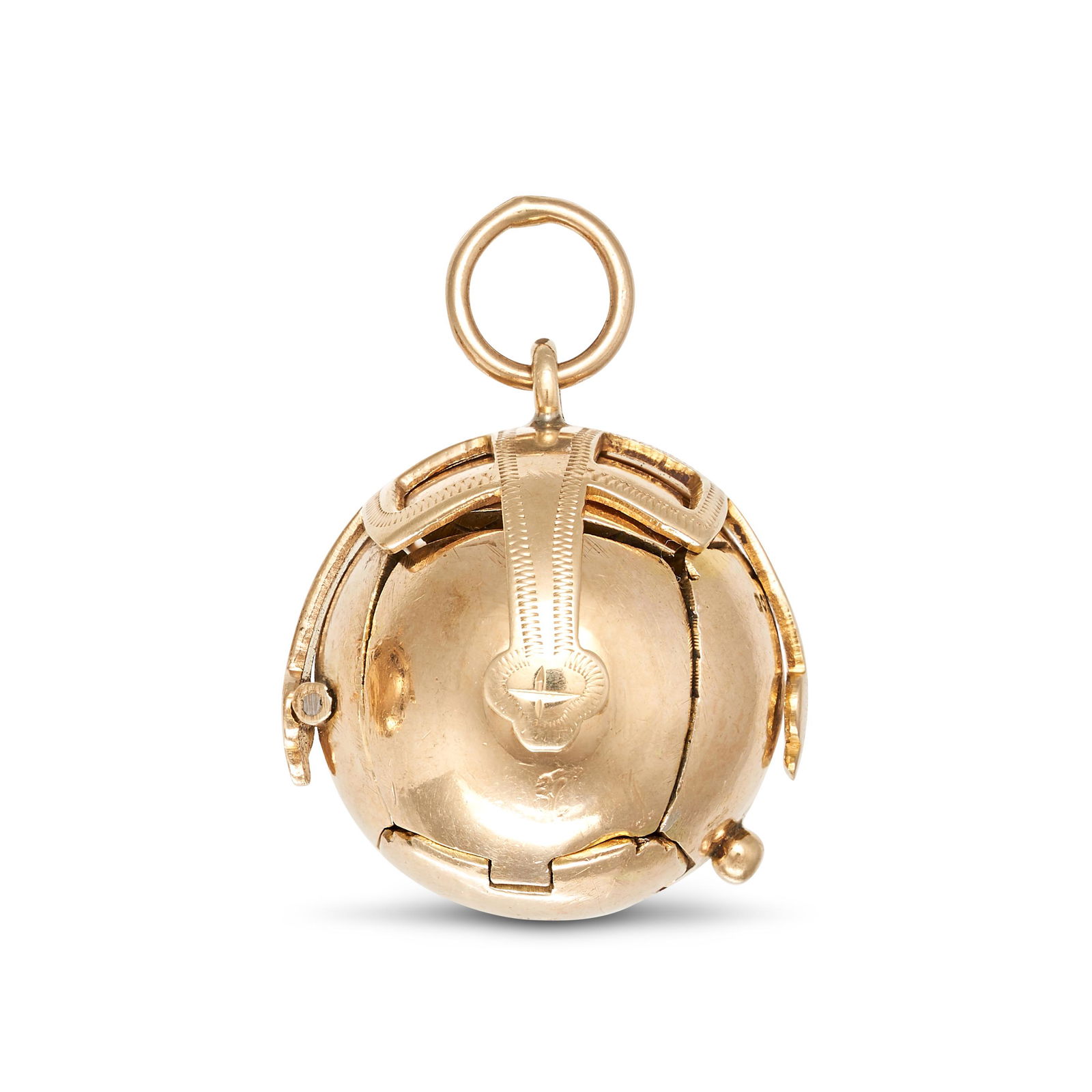 AN ANTIQUE MASONIC PUZZLE BALL PENDANT in 9ct yellow gold and silver, the spherical body opening to (1 of 2)