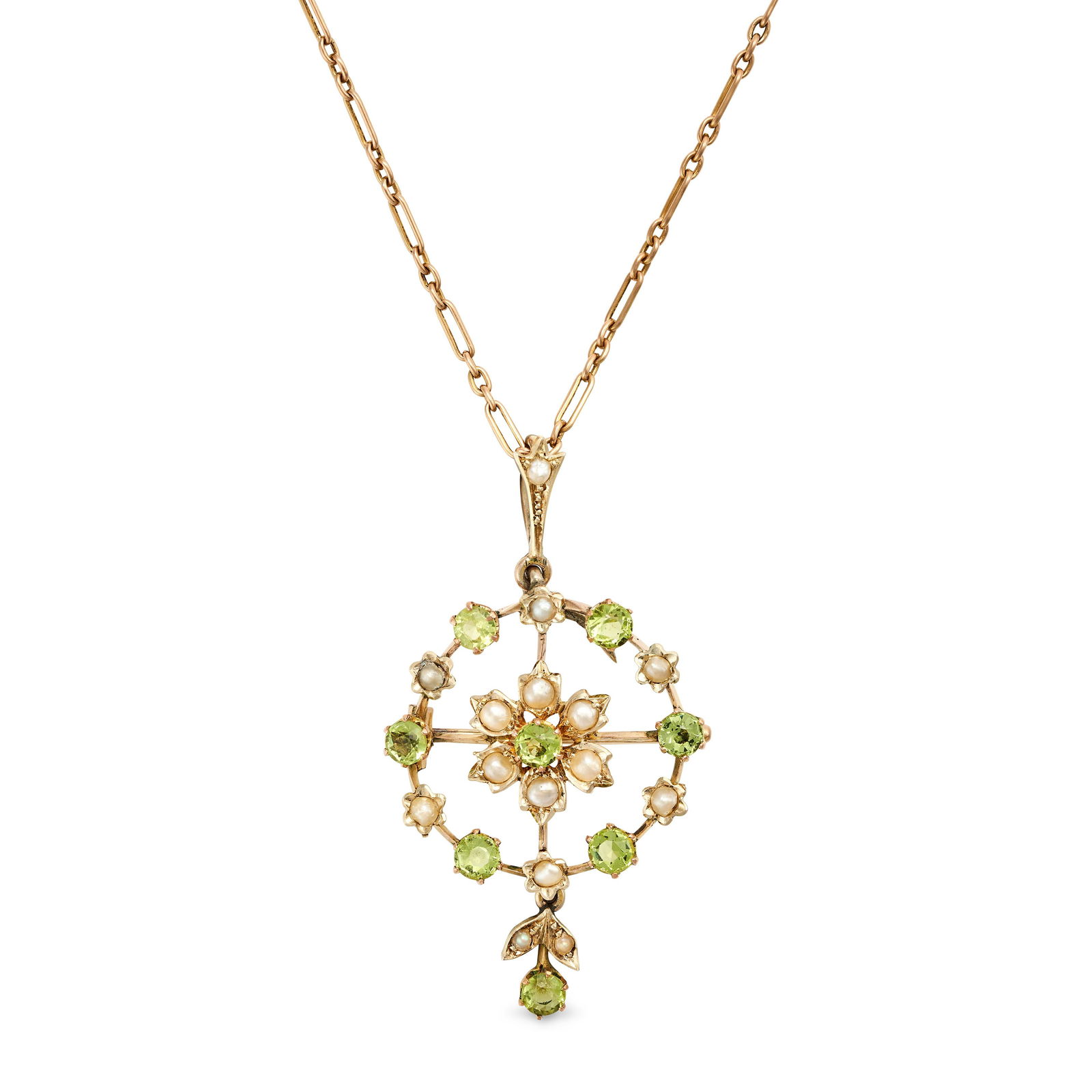 AN ANTIQUE PEARL AND PERIDOT NECKLACE, EARLY TWENTIETH CENTURY in 15ct yellow gold, the openwork (1 of 1)