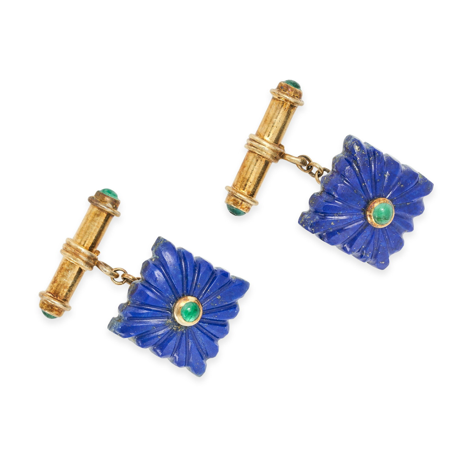 A PAIR OF VINTAGE LAPIS LAZULI AND EMERALD CUFFLINKS in silver gilt, each comprising a carved lapis (1 of 1)