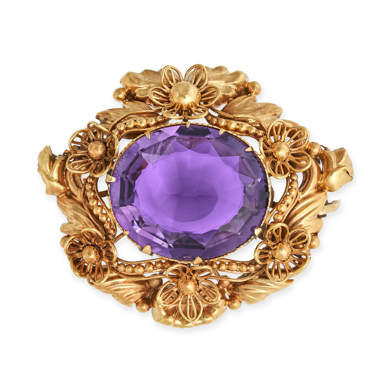 AN ANTIQUE AMETHYST BROOCH in 18ct yellow gold, set with an oval cut amethyst of approximately 12... (1 of 1)