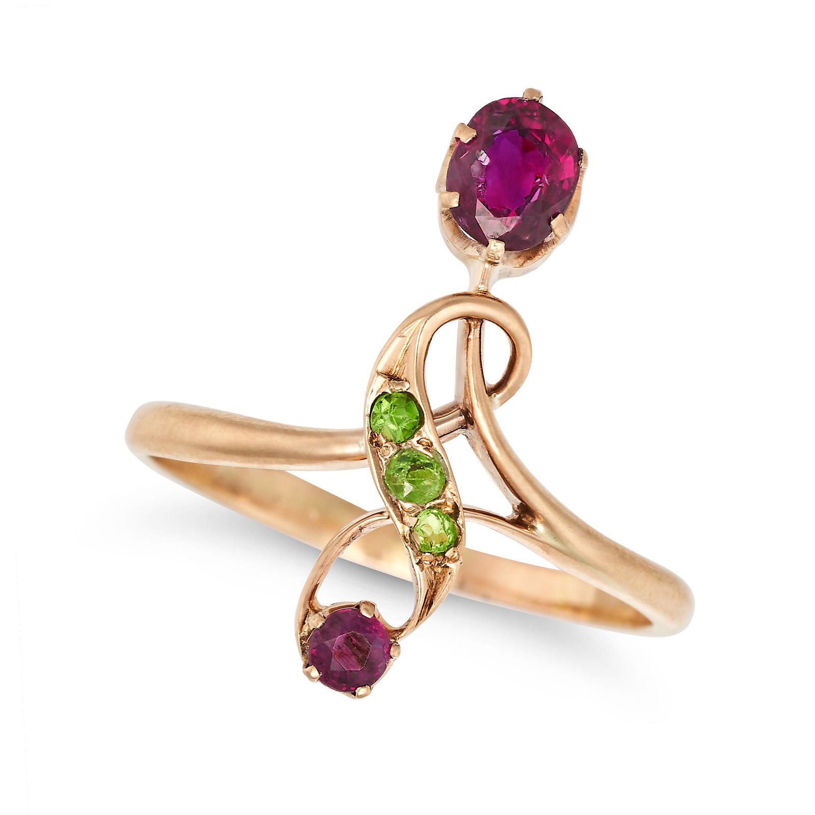 A RUSSIAN RUBY AND DEMANTOID GARNET RING in 14ct yellow gold, set with round and oval cut rubies ... (1 of 2)