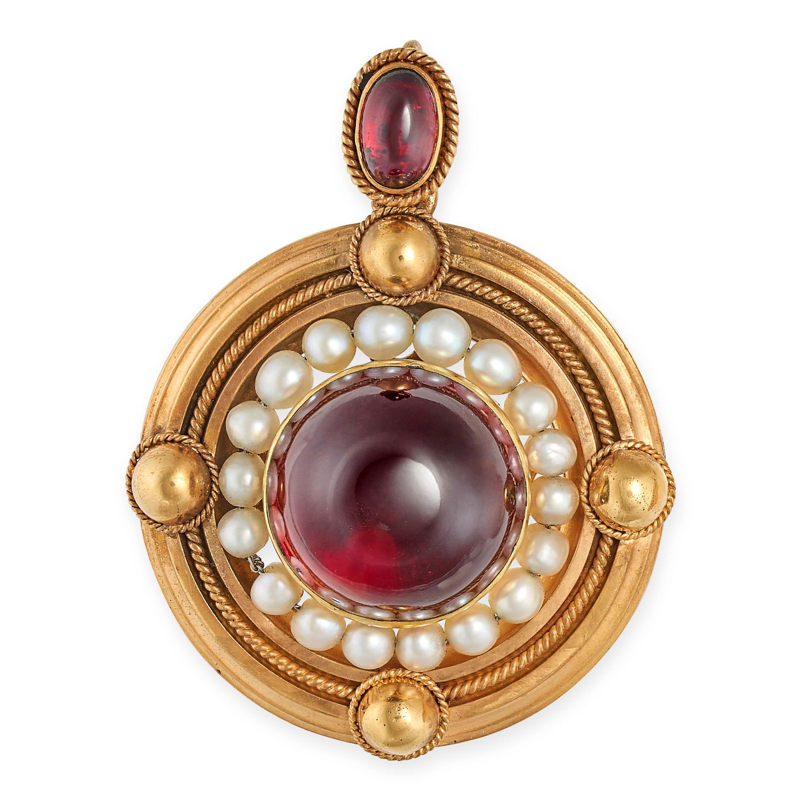 AN ANTIQUE GARNET AND PEARL PENDANT in yellow gold, set with an oval cabochon garnet suspending a... (1 of 1)