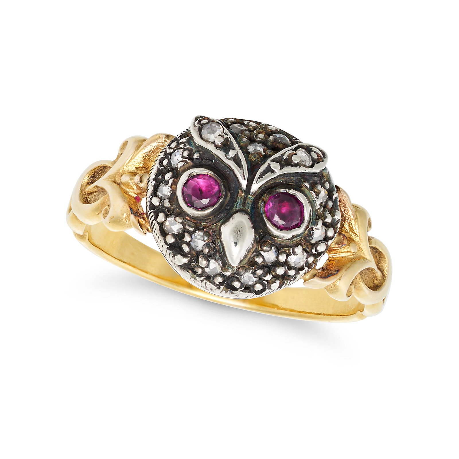 A RUBY AND DIAMOND OWL RING designed as the head of an owl set with single cut diamonds, the (1 of 2)