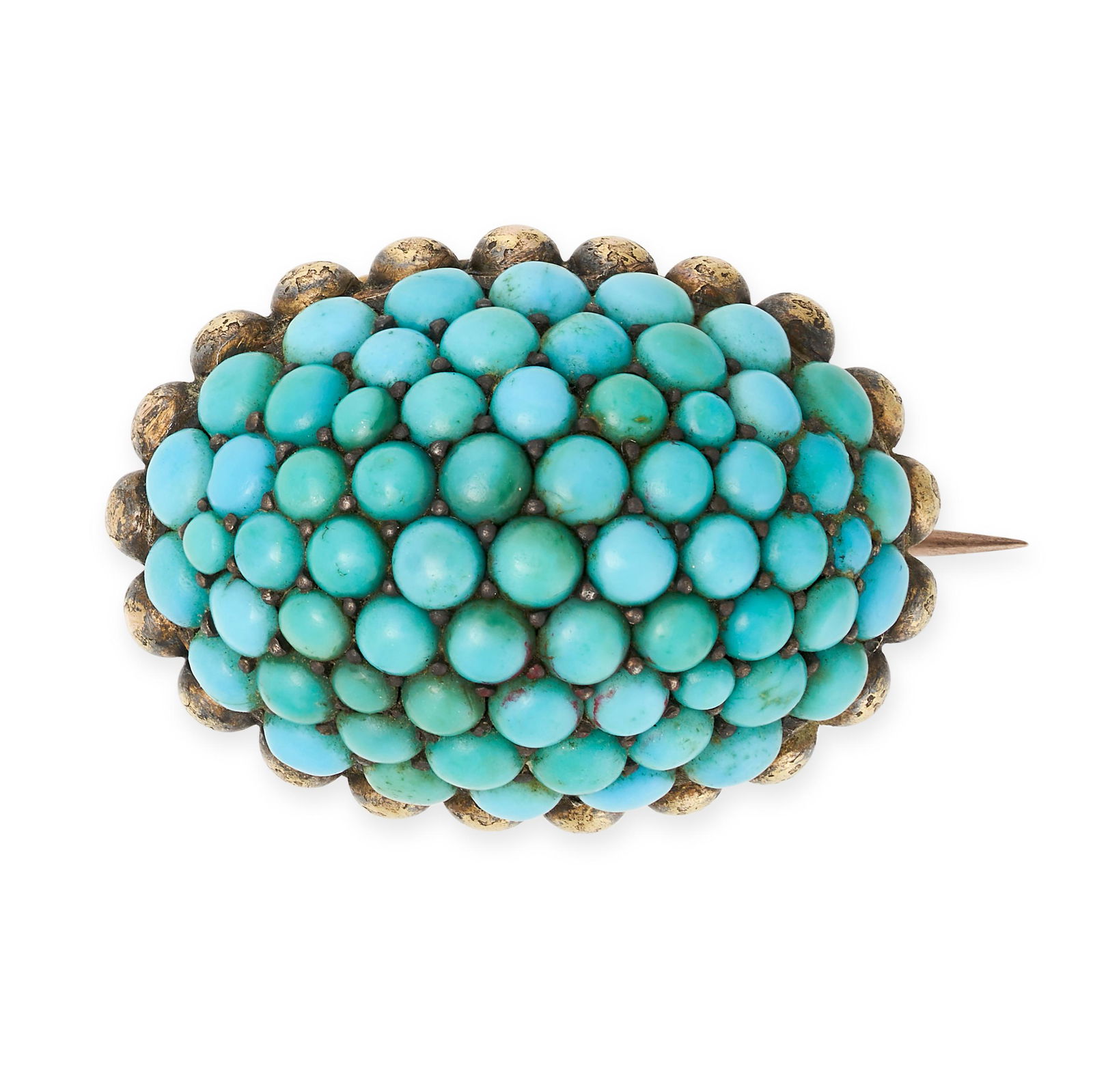 NO RESERVE - AN ANTIQUE VICTORIAN TURQUOISE BOMBE BROOCH in 14ct yellow gold, the domed body pave (1 of 1)