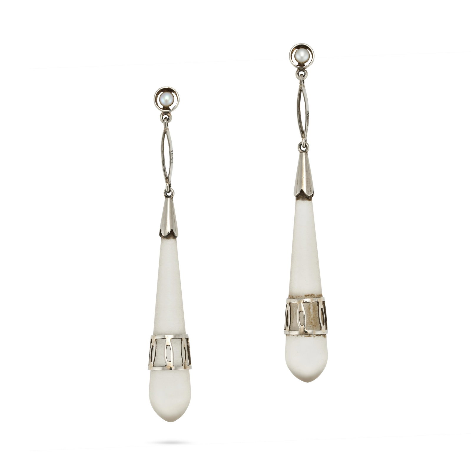 A PAIR OF ANTIQUE ROCK CRYSTAL AND PEARL DROP EARRINGS in 18ct white and yellow gold, set with: A PAIR OF ANTIQUE ROCK CRYSTAL AND PEARL DROP EARRINGS in 18ct white and yellow gold, set with frosted rock crystal baton drops with stylised sleeves, suspended from openwork links to a pearl stud, st