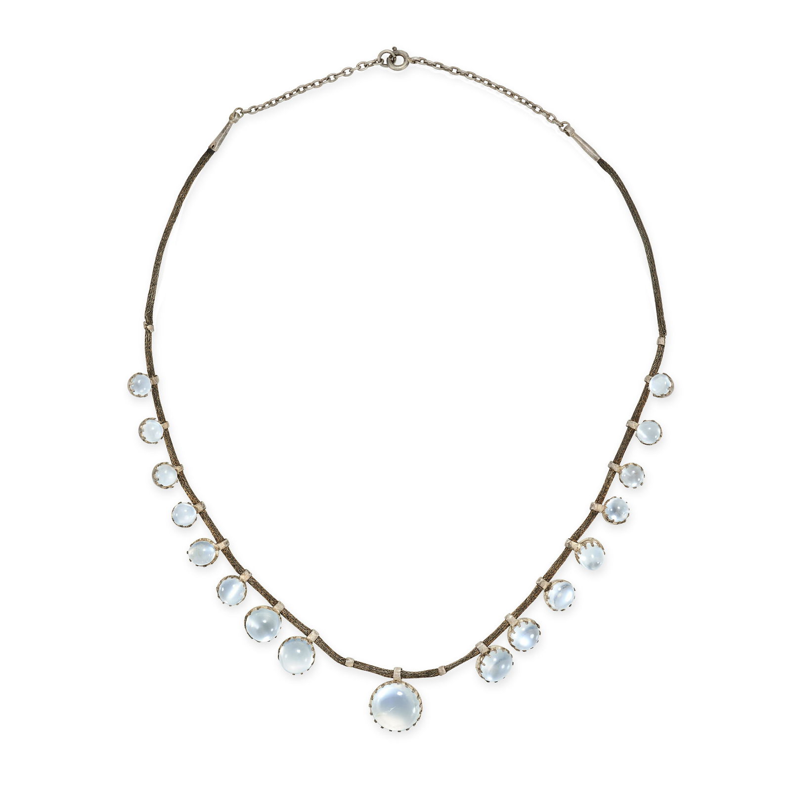 A MOONSTONE FRINGE NECKLACE in silver, the woven necklace suspending a fringe of graduated round: A MOONSTONE FRINGE NECKLACE in silver, the woven necklace suspending a fringe of graduated round cabochon moonstones, no assay marks, 43.0cm, 12.7g.