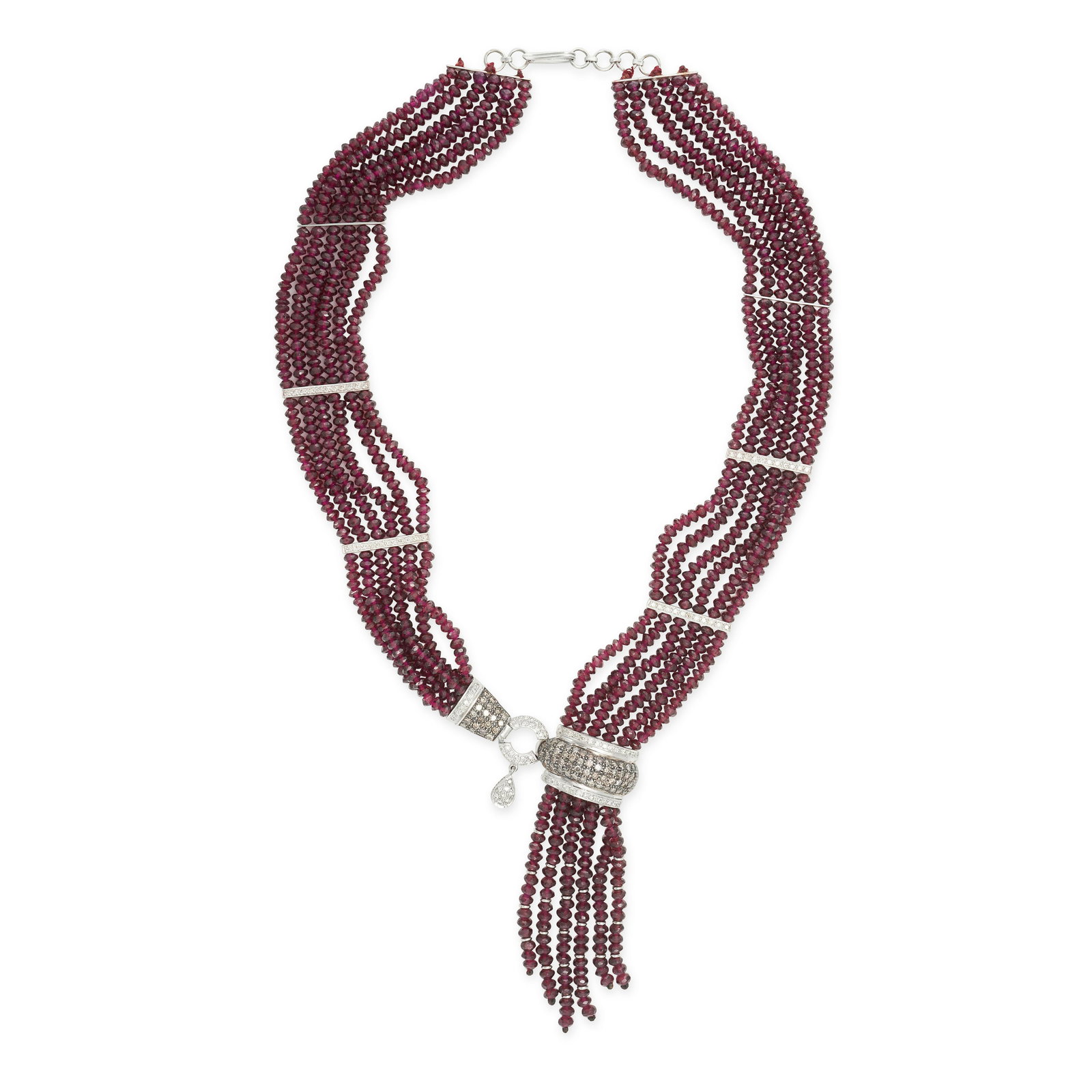 A RUBY AND DIAMOND TASSEL NECKLACE in 18ct white gold, comprising six rows of faceted ruby (1 of 1)