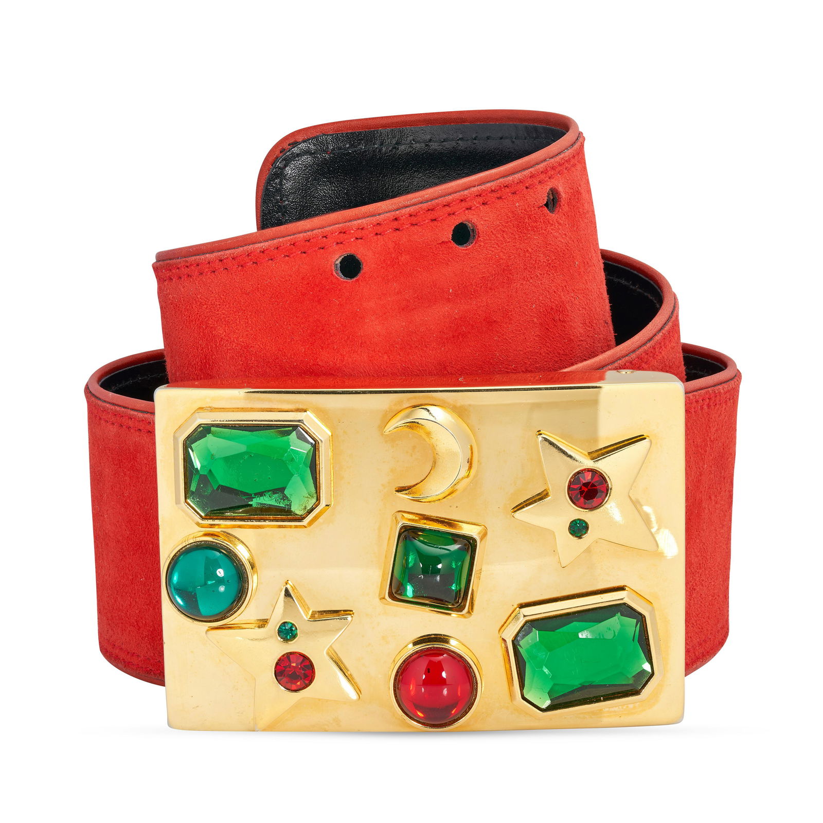 NO RESERVE: ESCADA ORANGE SUEDE WAIST BELT Condition grade B-. 93cm long, 6cm wide. Orange sued...: NO RESERVE: ESCADA ORANGE SUEDE WAIST BELT Condition grade B-. 93cm long, 6cm wide. Orange suede belt with black leather on reverse. Light gold toned hardware plaque with faux green and red gemstone d