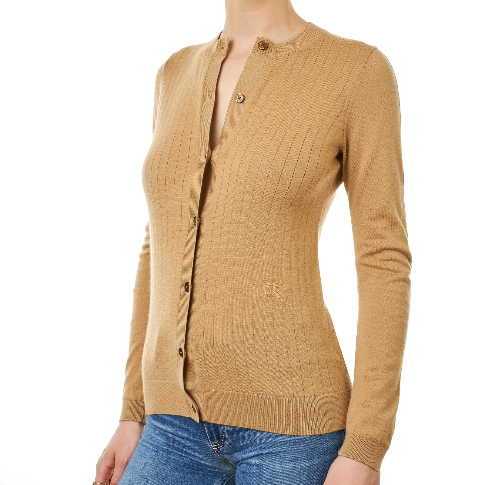 BURBERRY BEIGE RIBBED CARDIGAN Condition grade A-. Size XS. 80cm chest, 60cm length. Beige ribb... (1 of 3)