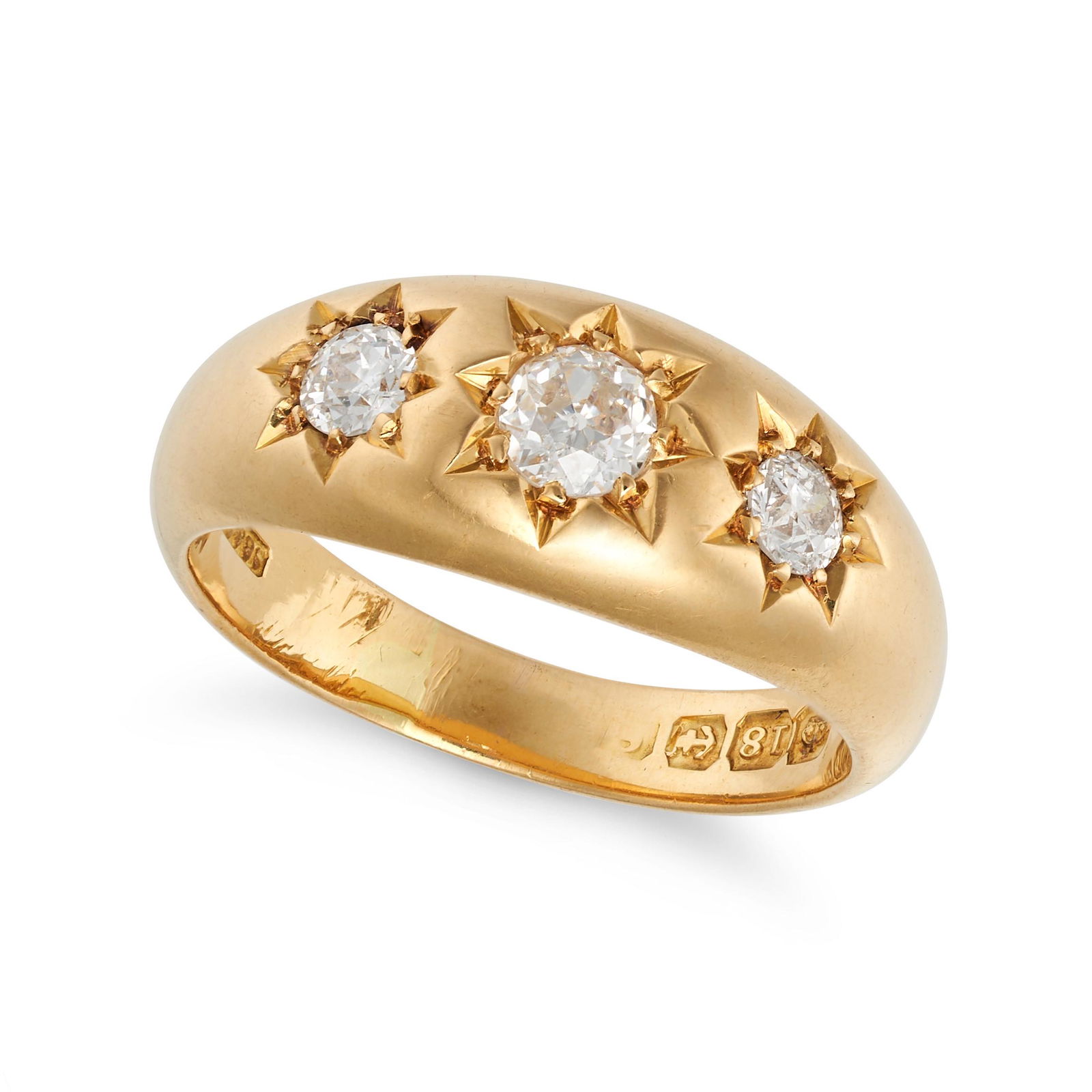 A DIAMOND GYPSY RING in 18ct yellow gold, set with three old European cut diamonds in star motifs, (1 of 1)
