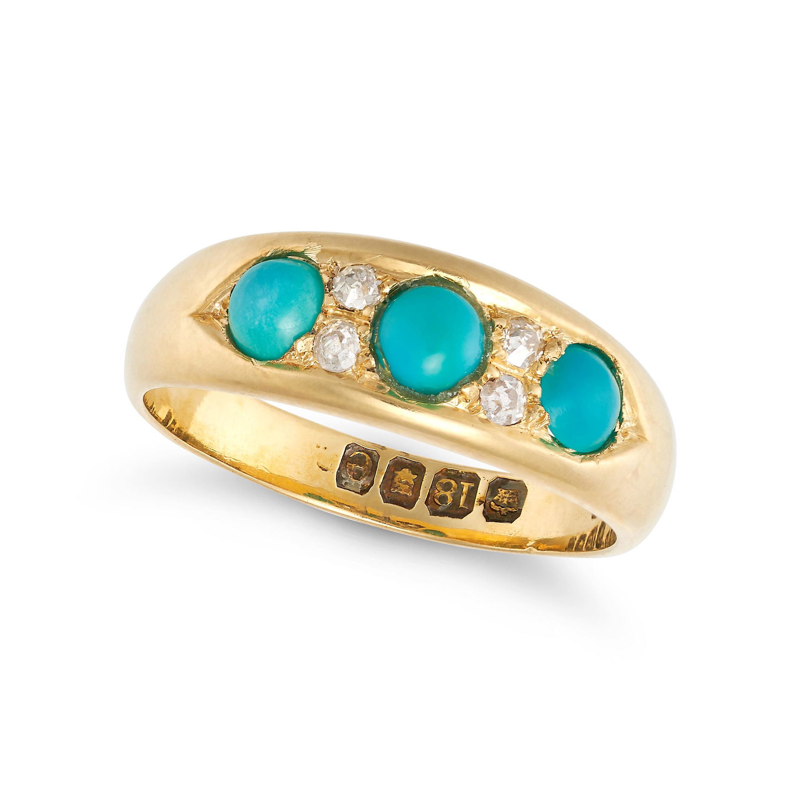 AN ANTIQUE TURQUOISE AND DIAMOND RING in 18ct yellow gold, set with three round cabochon turquoise (1 of 1)