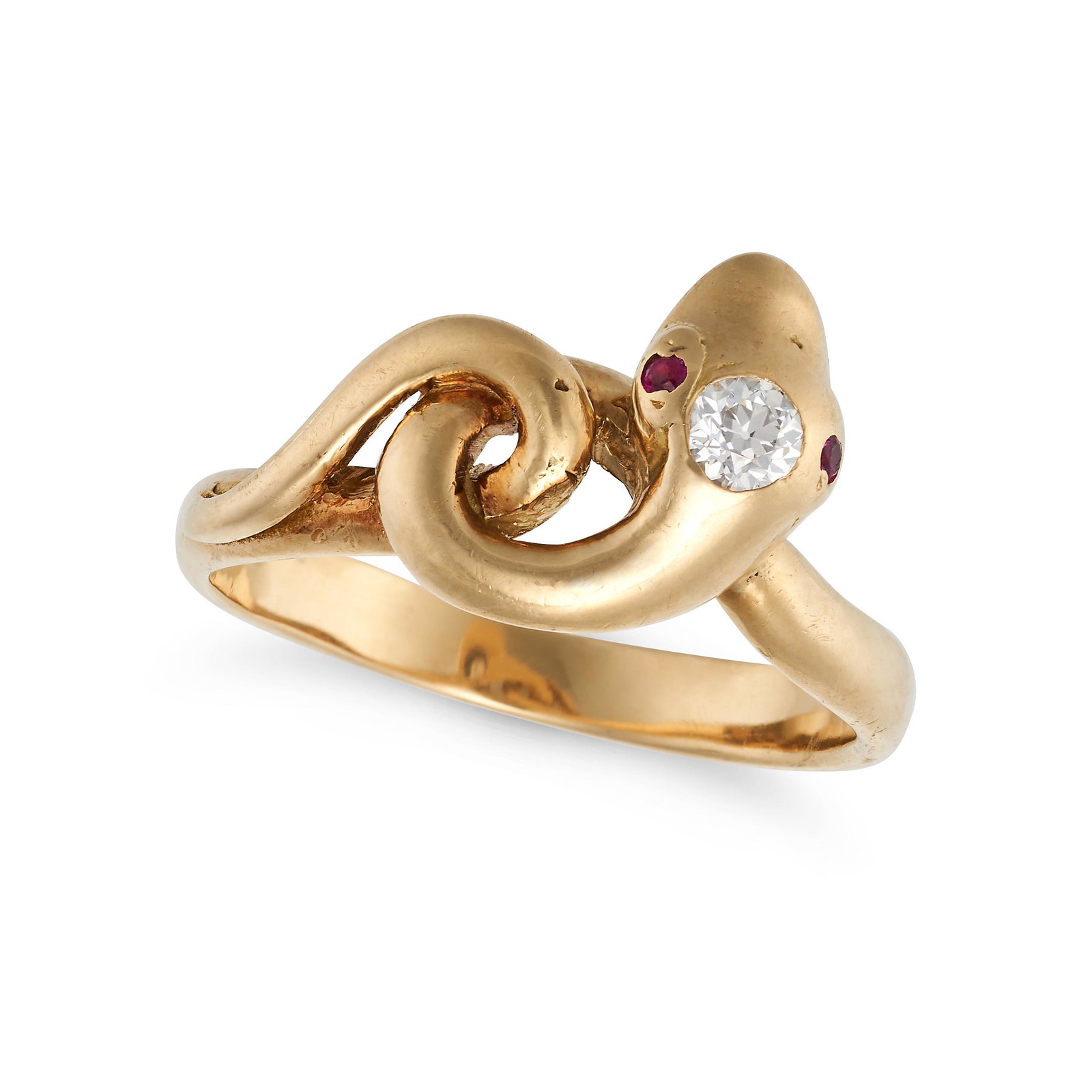 A RUBY AND DIAMOND SNAKE RING in 18ct yellow gold, designed as a coiled snake, the head set with an (1 of 2)