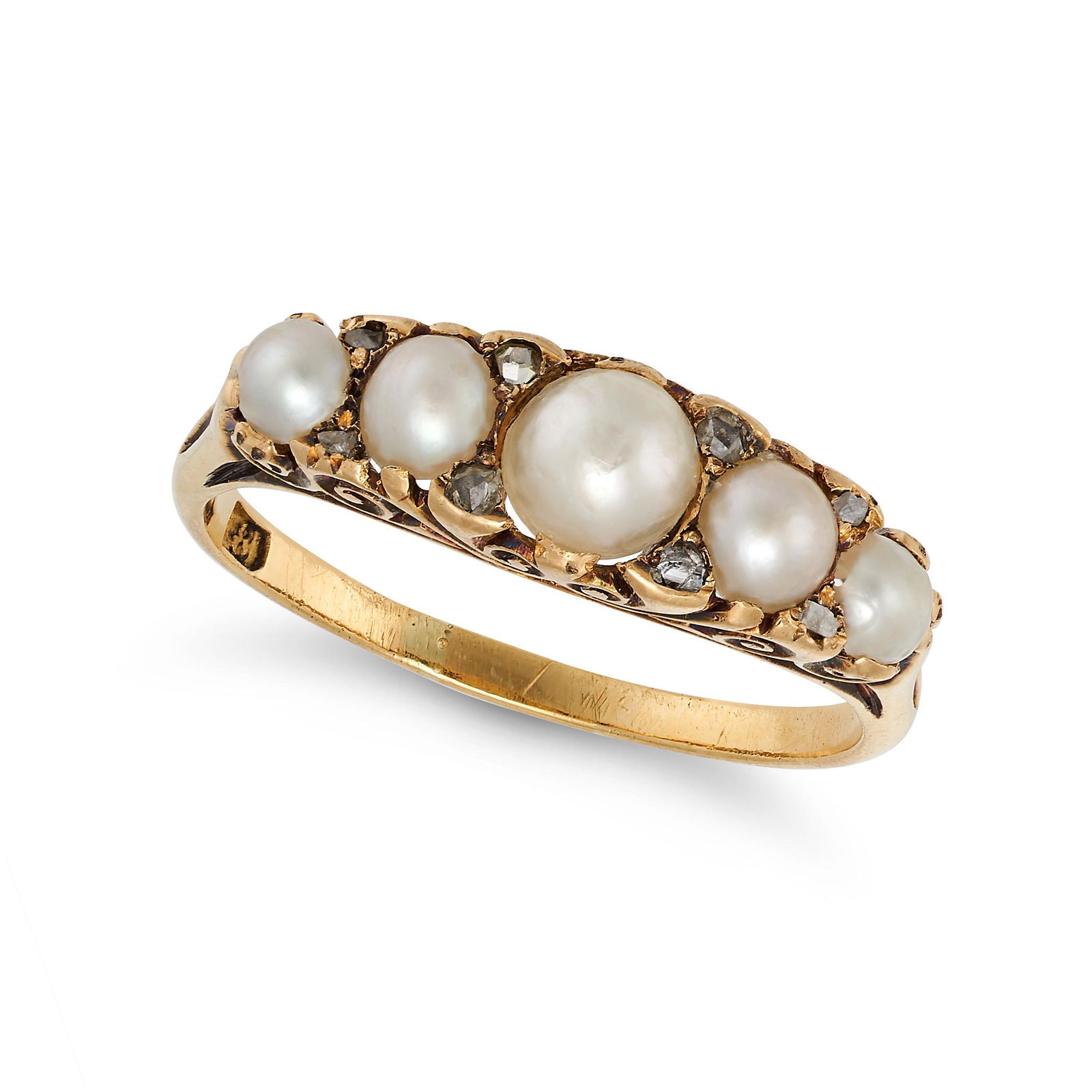 AN ANTIQUE PEARL AND DIAMOND RING in 18ct yellow gold, set with a row of five graduated half pearls (1 of 1)