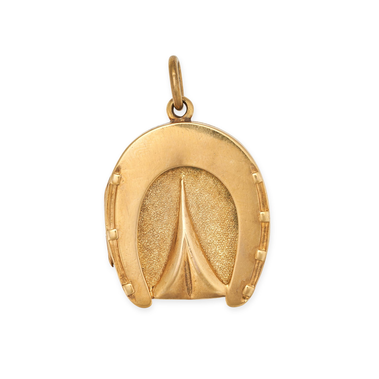 AN ANTIQUE HORSE HOOF PENDANT in yellow gold, the hinged locket designed as a horse hoof, the: AN ANTIQUE HORSE HOOF PENDANT in yellow gold, the hinged locket designed as a horse hoof, the reverse set with a shield shaped polished carnelian, opening to reveal a locket compartment, no assay mark