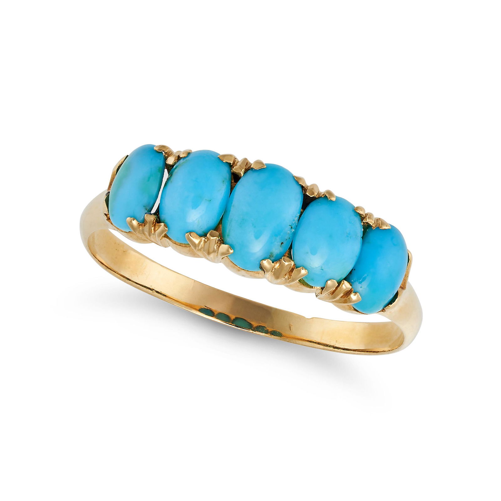 A TURQUOISE FIVE STONE RING in 18ct yellow gold, set with a row of five oval cabochon turquoise, no (1 of 1)