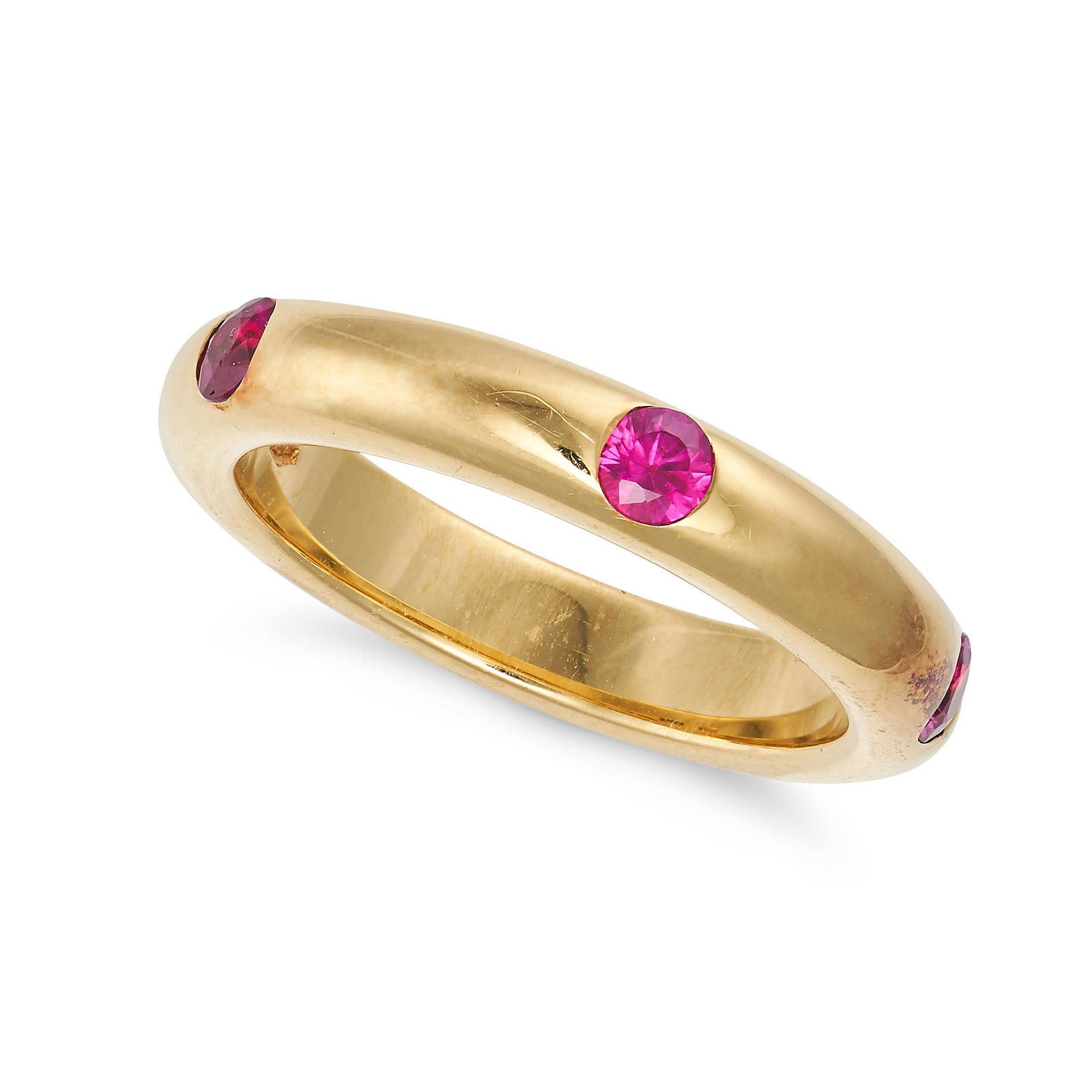 A RUBY BAND RING in 18ct yellow gold, set with five round cut rubies, stamped 750, size N / 6.75, (1 of 1)