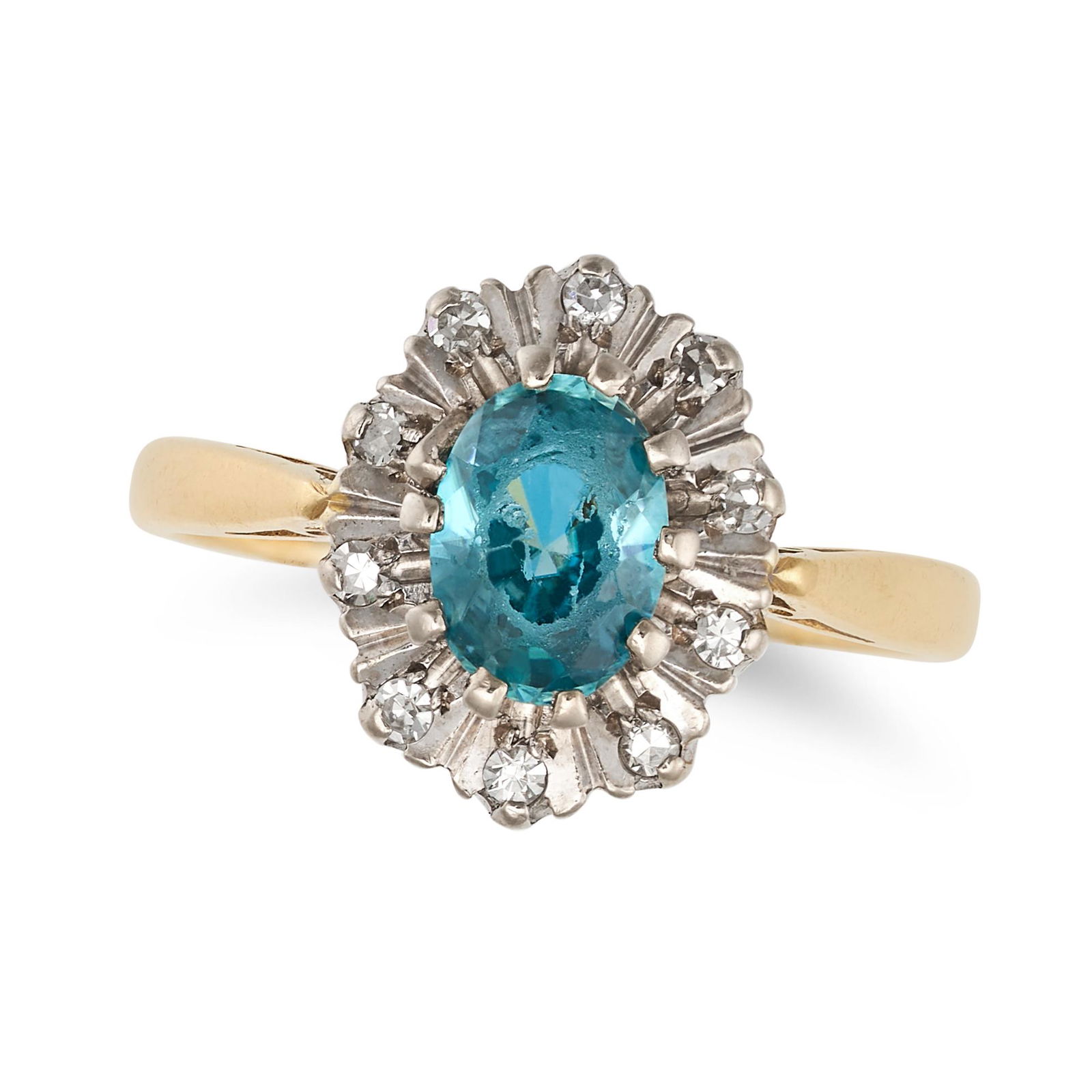 NO RESERVE - A BLUE ZIRCON AND DIAMOND CLUSTER RING in 18ct yellow gold, set with an oval cut blue (1 of 1)